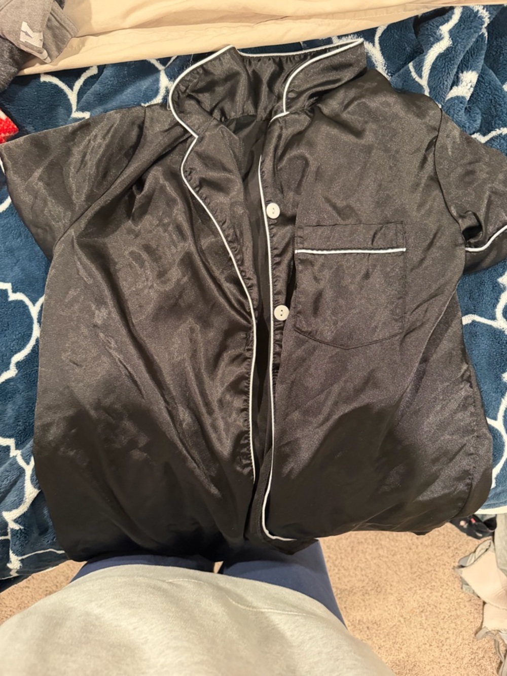Black Satin Button-Up Pajama Top with White Piping